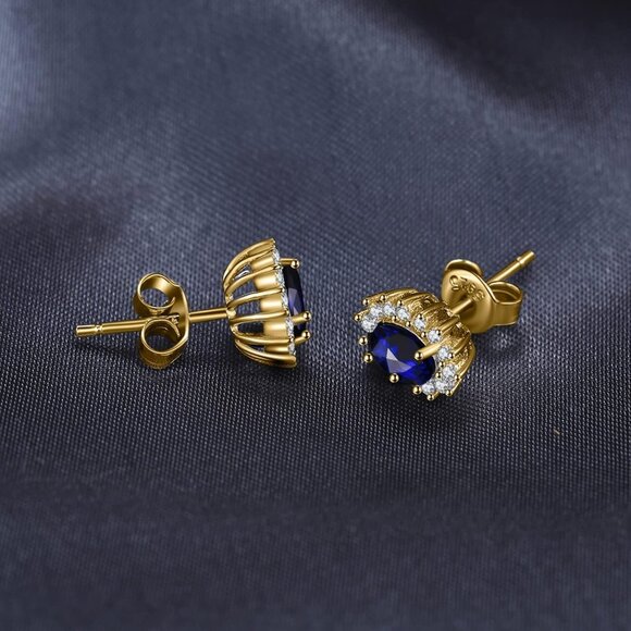 👑 Princess Diana 1.2ct Blue Sapphire Earrings - 14k Gold Plated - Picture 2 of 5